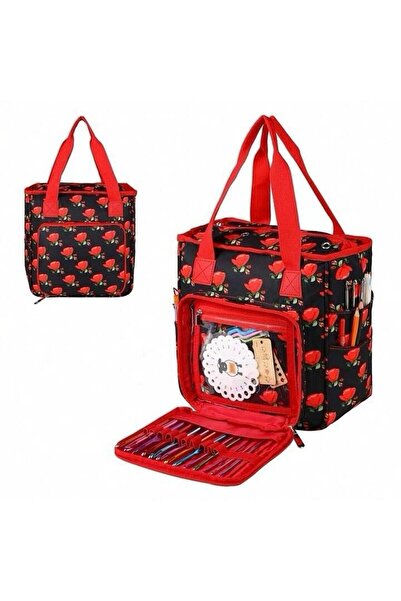 yumakça Örgü Çantası, Çok Amaçlı Çanta, Organizer Çanta | Siyah, Kırmızı Çiçe...