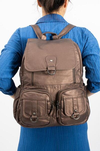 Baginn Y.S.Leather Women's Backpack Multi-Pocket Suitable for Daily Use 35*25 cm Vegan Leather Washed Artificial Leather