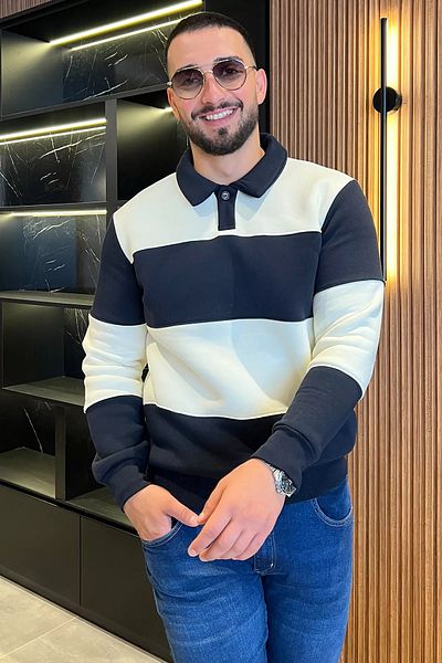 MİSHAR İTALİA Мъжки суитшърт с три нишки, тъмносин, кремав, цвят на поло яка