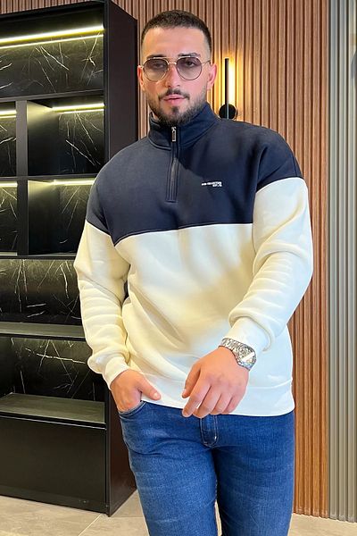 MİSHAR İTALİA Мъжки суитшърт с три нишки и яка с половин цип и повдигната талия в тъмносин крем