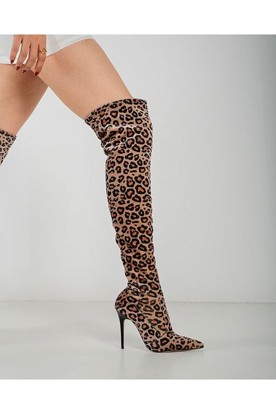 AYAKKABI PRENSİ Mindy Over The Knee Stretch Leopard 10 cm Γυναικείες μπότες, μπότες με τακούνι