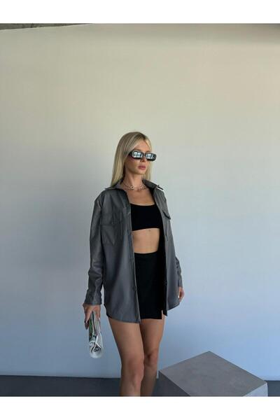 VEAVEN Women's Gray Oversize Straight Cut Leather Jacket