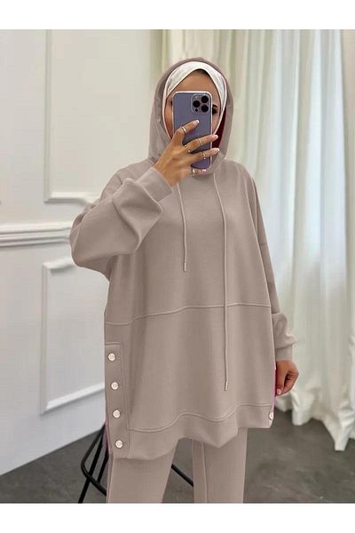 MANCY Women's Hooded 2-Piece Hijab Set with Buttons on Sides and Legs