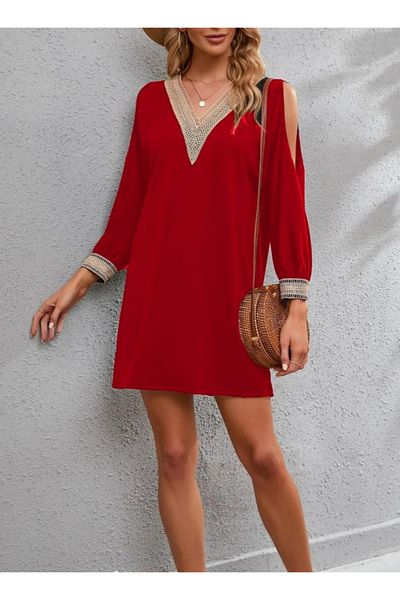 gelirr Women's Long Sleeve Collar and Sleeve Cuff Laced Detail Crepe Mini Length Dress