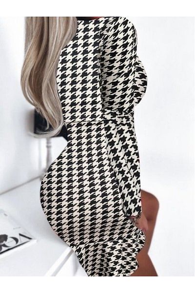 Leyaa Women's Long Sleeve Double Breasted Collar Houndstooth Micro Mini Length Dress