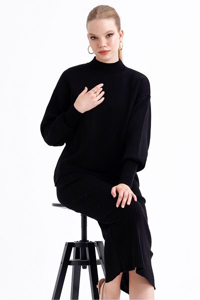 MD trend Women's Half Turtleneck Asymmetrical Sweater and Ribbed Dress Double Knitwear Set