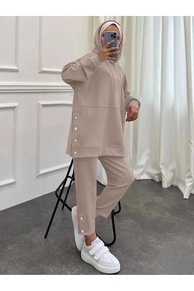 MANCY Women's Hooded 2-Piece Hijab Set with Buttons on Sides and Legs