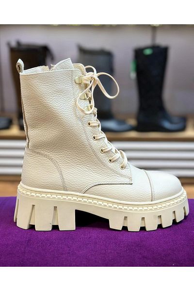 Zuum Γυναικείες μπότες casual από 100% γνήσιο δέρμα με κορδόνια - Πλαϊνό φερμουάρ - Μπεζ δέρμα