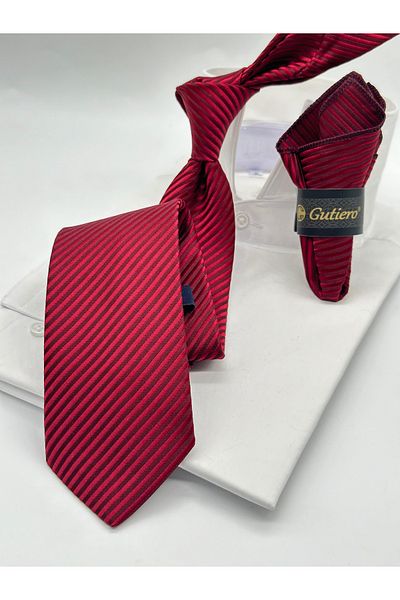 Gutiero Claret Red Striped Classic Tie with Handkerchief