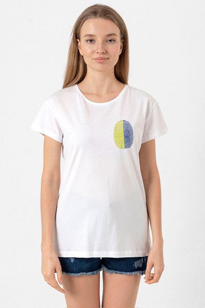 Tshirthane Yellow Navy Blue Fingerprint White Women's Bicycle Collar T-Shirt