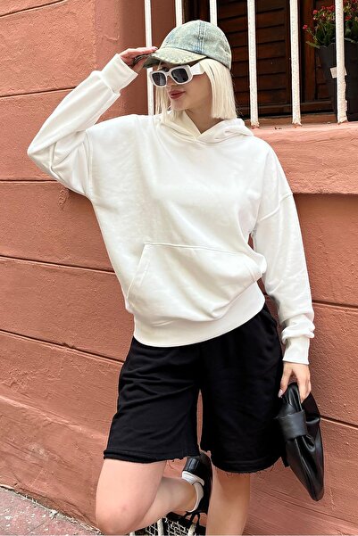 Madmext Ecru Hooded Oversize Pocket Sweatshirt Mg2207