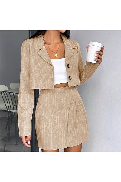By ÖTE Women's Mini Striped Fabric Skirt and Jacket Set