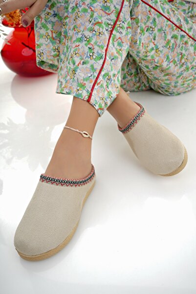 Modafırsat Γυναικείες παντόφλες μπεζ βελούδινη γούνα - Guest Dowry Bundle Νυφικές παντόφλες σπιτιού