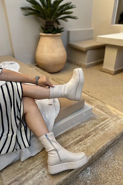 SHOEBELLAS Λεπτομερείς γυναικείες μπότες Drok Beige Skin Stech με φερμουάρ