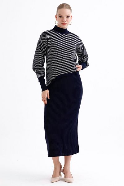 MD trend Half Turtleneck Striped Women's Knitwear Set - Asymmetrical Sweater and Ribbed Dress