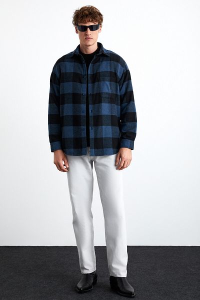 GRIMELANGE Wıldy Men's Cotton-Polyester Shirt Collar Relaxed Lumberjack Blue Shirt