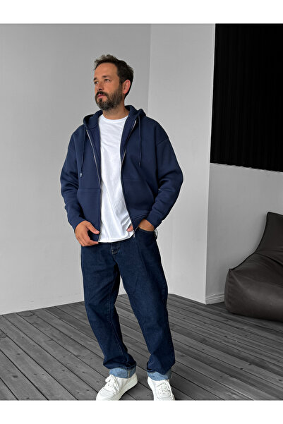 BYBASICMAN Lacivert Basic Fermuarlı Kapüşonlu Sweatshirt JJ-82