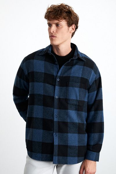 GRIMELANGE Wıldy Men's Cotton-Polyester Shirt Collar Relaxed Lumberjack Blue Shirt