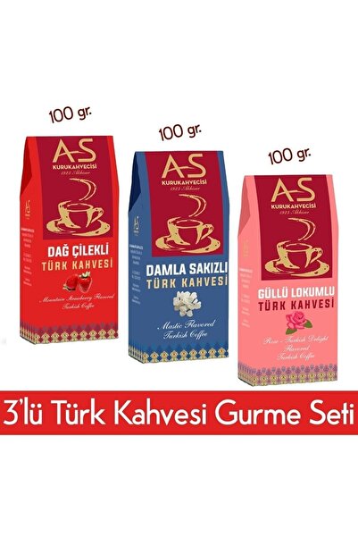 AS Kurukahvecisi 3'lü Türk Kahvesi Gurme Seti (DAĞ ÇİLEKLİ, DAMLA SAKIZLI, GÜLLÜ LOKUMLU)