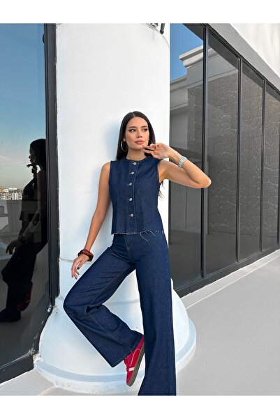 ESRAHELVACI Denim Vest and Palazzo Pants Set
