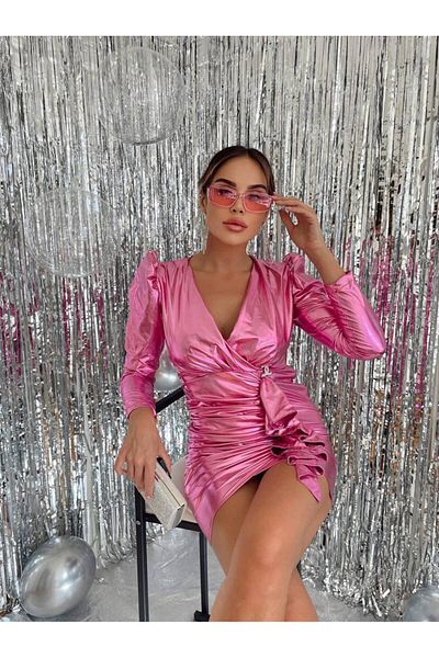 1Moda1Tarz Γυναικείο Μίνι Φόρεμα με ροζ λαμέ υφασμάτινη επένδυση με λεπτομέρεια σχεδίασης