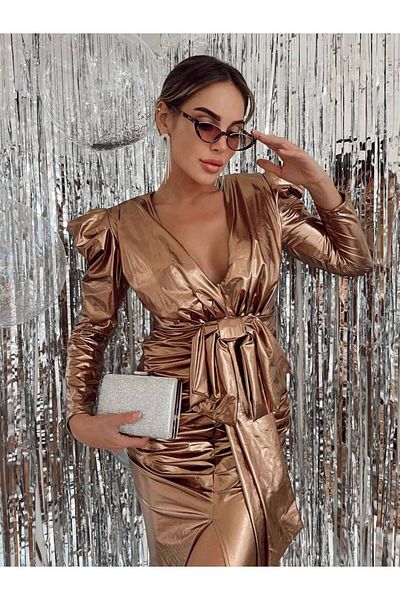 1Moda1Tarz Γυναικείο Μίνι Φόρεμα με χρυσό λαμέ υφασμάτινο φόδρα με λεπτομέρεια φιόγκου