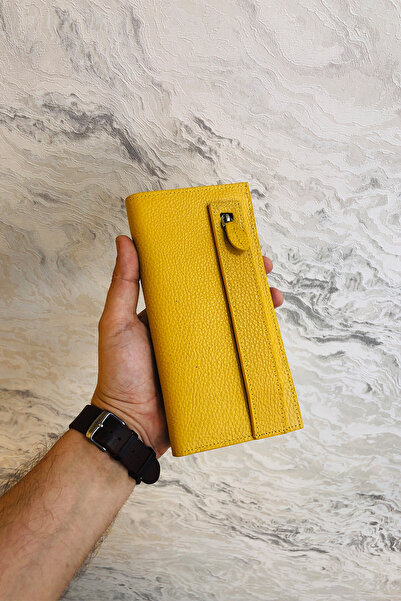 derius Sarı El Geçmeli Fermuarlı Hakiki Deri Dikey Kişiye Özel Büyük Kadın Cüzdanı(Bozuk Para Bölmeli)