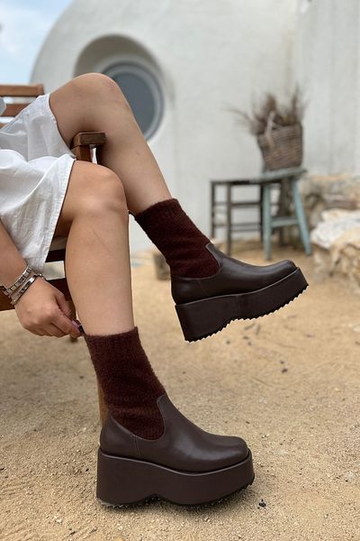 SHOEBELLAS Дамски плетени ботуши Tegan Bitter Brown