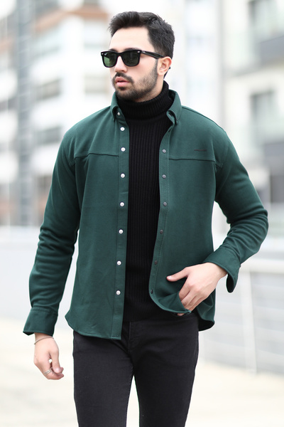 JB John Borners Тъмнозелена мъжка риза Slimfit - с щампа John Borners, копчета тип „тик-так“, без джоб - 16807