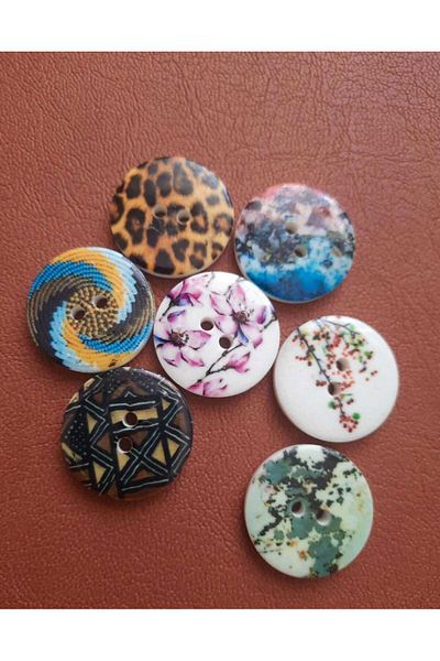Beyna Polyester Patterned - 3 cm Two Holes Mixed Color Button 1 Pack 5 Pieces
