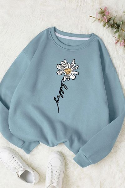 Moda Glo Hanorac unisex din bumbac cu decolteu rotund cu imprimeu cu margarete negre