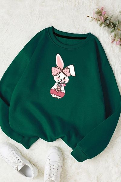 Moda Glo Βαμβακερό φούτερ Unisex Rabbit Printed Crew Neck