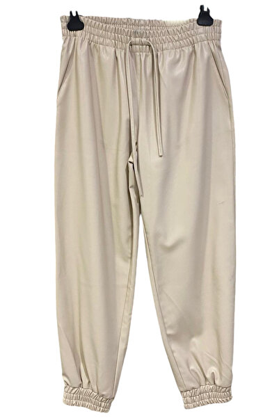 GÜL BUTİK Krem Renk Beli Geniş Lastikli Cepli Bilekleri Lastikli Deri Pantolon