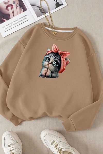 Moda Glo Unisex Cute Cat Printed Crew Neck Βαμβακερό φούτερ