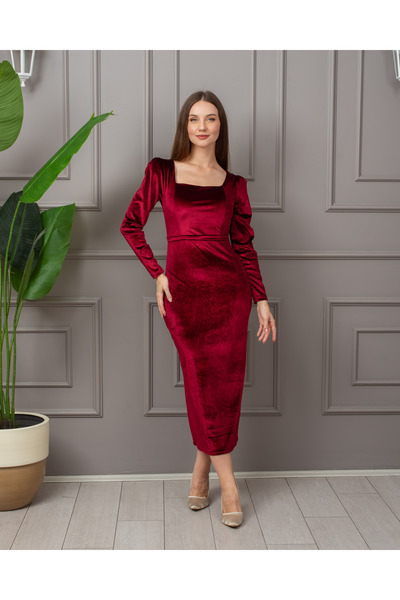 BK BOUTİQUE Kare Yaka Kadife Abiye Elbise