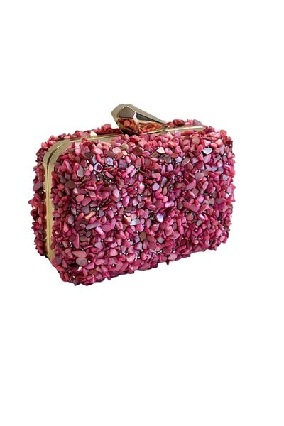 Glemix Juliet Pink - Geantă portofoliu clutch pentru rochie de seară cu detalii din piatră naturală