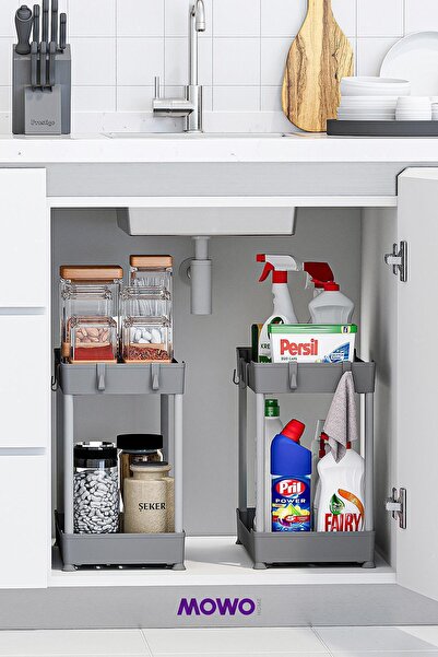 Mowo Home Gri 2 Katlı Düzenleyici Mutfak Rafı Banyo Rafı, Dolap Tezgah Altı Evye Altı Deterjanlık