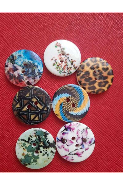 Beyna Polyester Patterned - 3 cm Two Holes Mixed Color Button 1 Pack 5 Pieces
