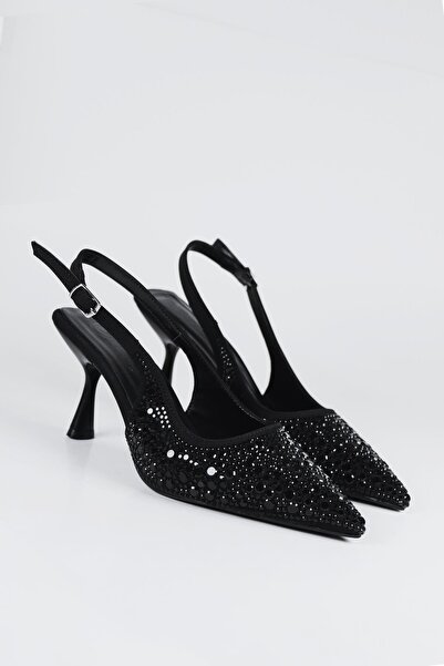 NiceDiffer Kadın Siyah Taş Detaylı Kumaş Abiye Stiletto Topuklu Ayakkabı