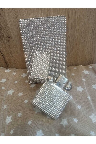 NESGIFT Gümüş Taşlı Slim (İnce) Kısa Sigara Kutusu ve Zippo Çakmak