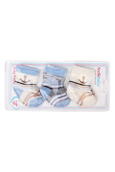 bebegen Baby Boy Blue Brown Anchor Patterned Towel 3-Piece Socks 0-6 Months