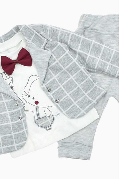 dinamik çocuk Baby Boy Holiday Bow Tie Checkered Jacket Elephant Patterned Bodysuit Newborn 3-Piece Baby Set