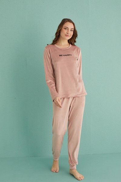 gd goldoremi 13165-9 Women's Be Happy Velvet Cuffed Pajama Set