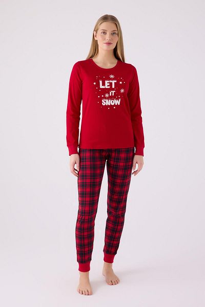 Arnetta 3105 Christmas Women's Let It Snow Plaid Red Long Sleeve Pajamas Set