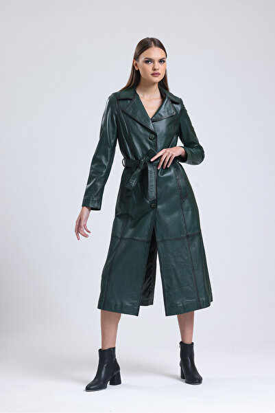 shop Hakiki Deri Trençkot Pardesü Yeşil