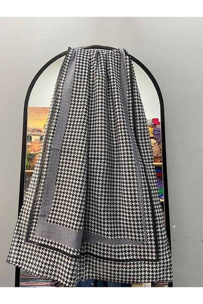 AMİNENESİL Aminenesil Cardion Houndstooth Μοτίβο Βαμβακερό Μεταξωτό Γκρι Λευκό Χρώμα Σάλι