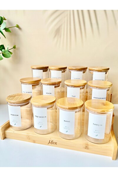 Mottogo طقم وعاء توابل 12 قطعة 250 مل وحامل سلم من الخيزران - مقاوم للماء مع ملصق