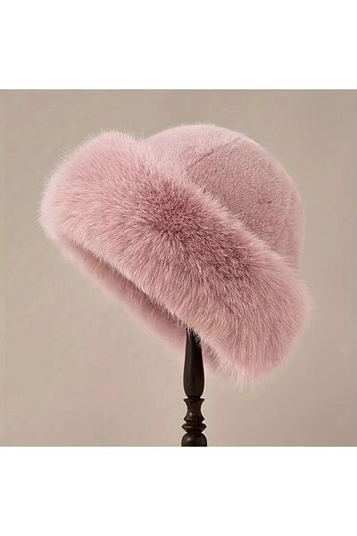 MARBERRY Pink Faux Fur Plush Heart Women's Hat