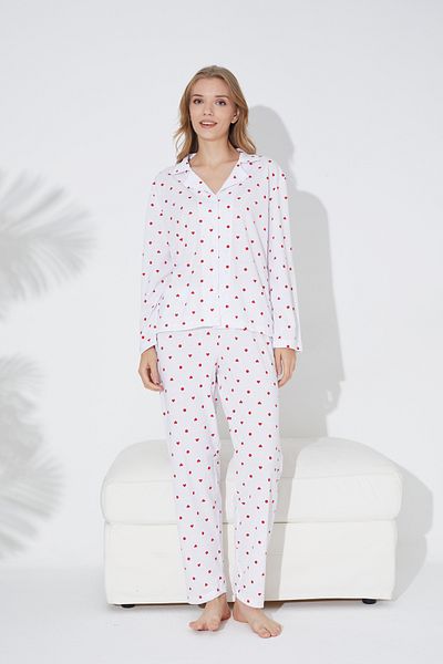 Siyah İnci White Red Heart and Point Printed Buttoned Knitted Pajamas Set 7793