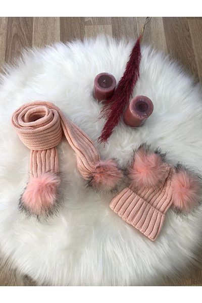 diamondstar Baby Girl Double Pompom Scarf Beanie Set 4/14 Years